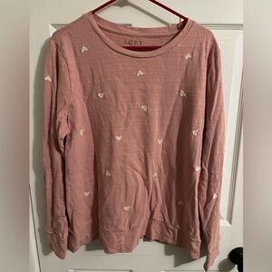 Loft Pink Valentine Top with Embroidered White Hearts